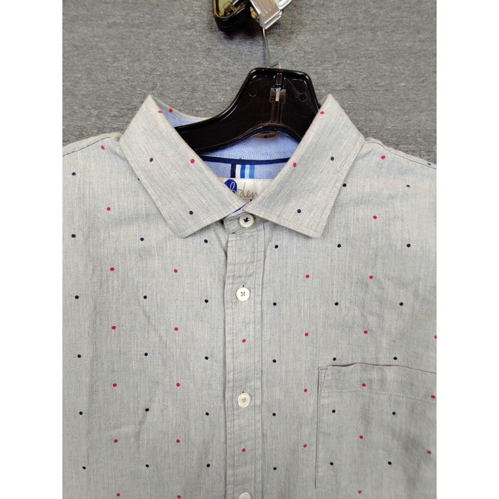 Boden Mens Shirt Large Gray Polka Dot Regular Fit Button Up Preppy Casual Cotton
